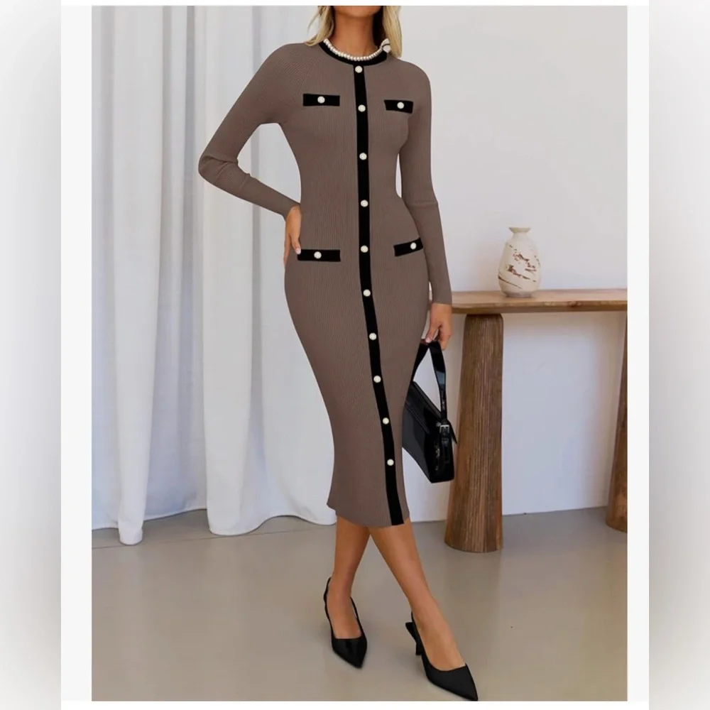 NWT RIB KNIT MIDI DRESS-KHAKI/BLACK-S - Picture 9 of 17